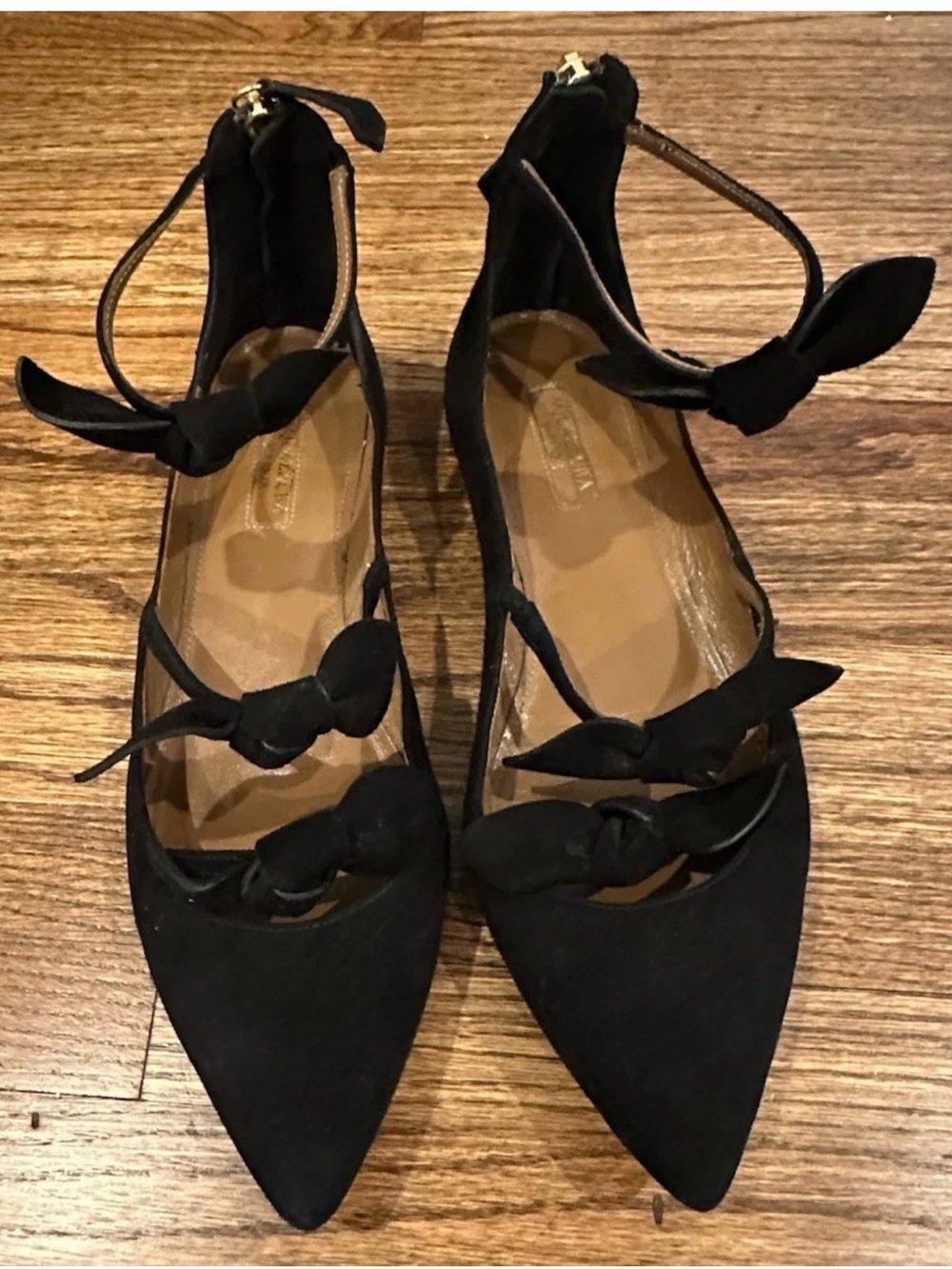 Aquazurra Black Pointed Toe 3 Bow Ankle Strap Flats zip